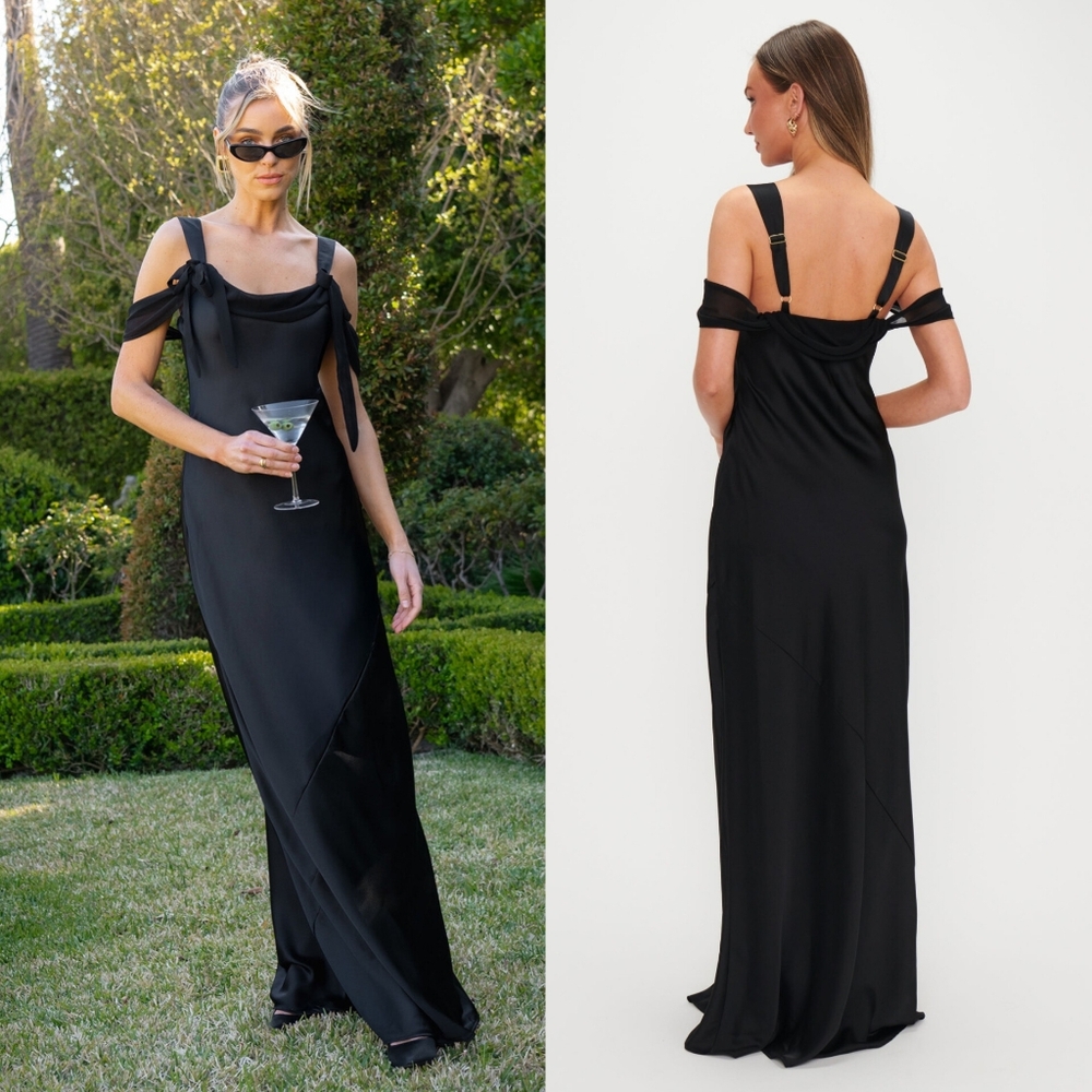 Show Me Your MUMU Bella Maxi Black Luxe Satin Dress S Wedding Party Prom Formal